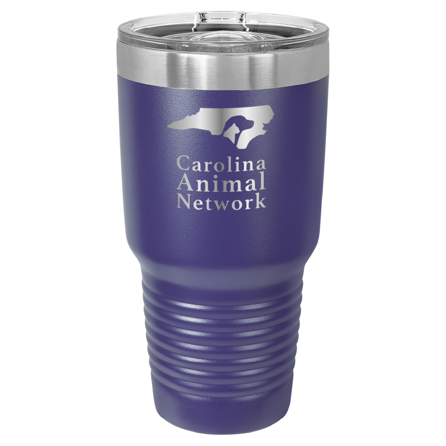 Purple 30 oz tumbler laser engraved  tumbler featuring the Carolina Animal Network logo