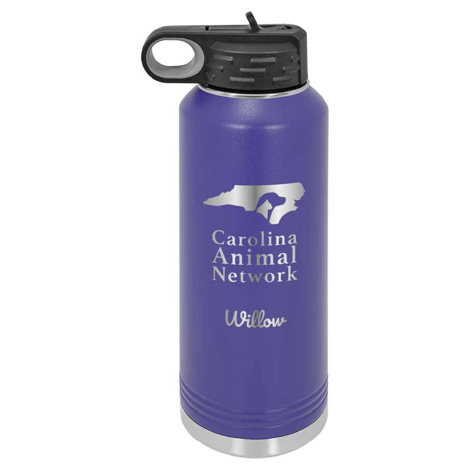 Purple 40 oz water bottle laser engraved  tumbler featuring the Carolina Animal Network logo and the name "Willow"