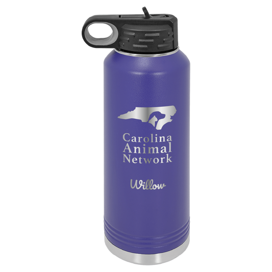 Purple 40 oz water bottle laser engraved  tumbler featuring the Carolina Animal Network logo and the name "Willow"
