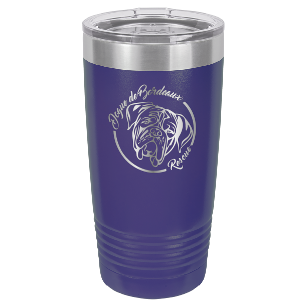 Purple 20 ounce laser engraved  tumbler featuring the Dogue de Bordeaux Rescue, Inc. logo