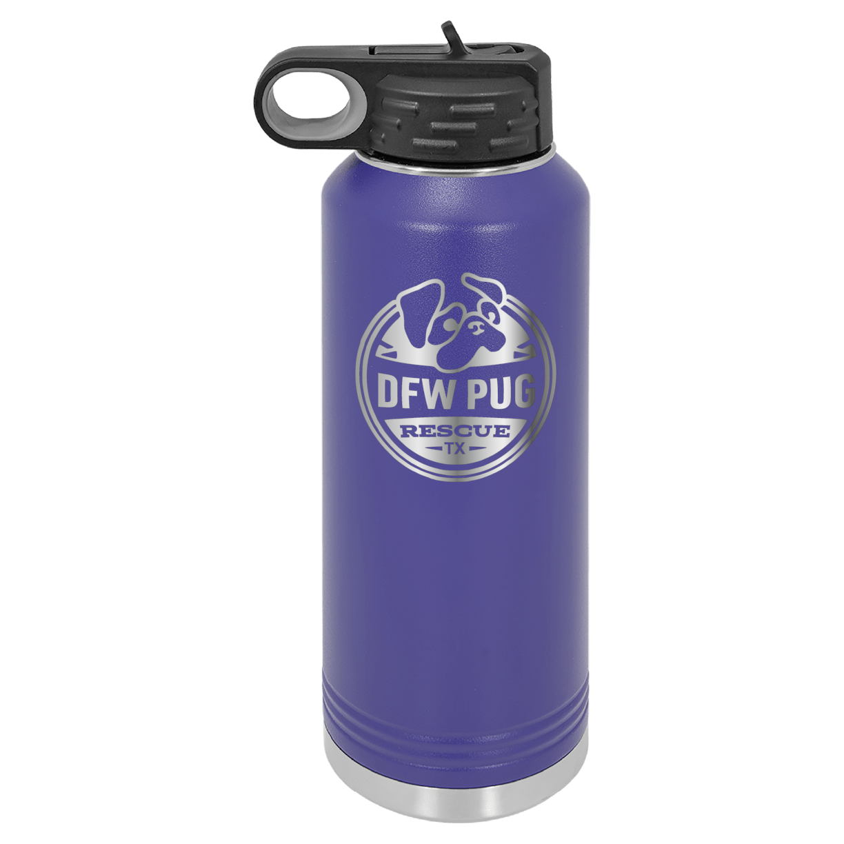 Purple laser engraved 40 oz water bottle featuring the DFW Pug Rescue logo