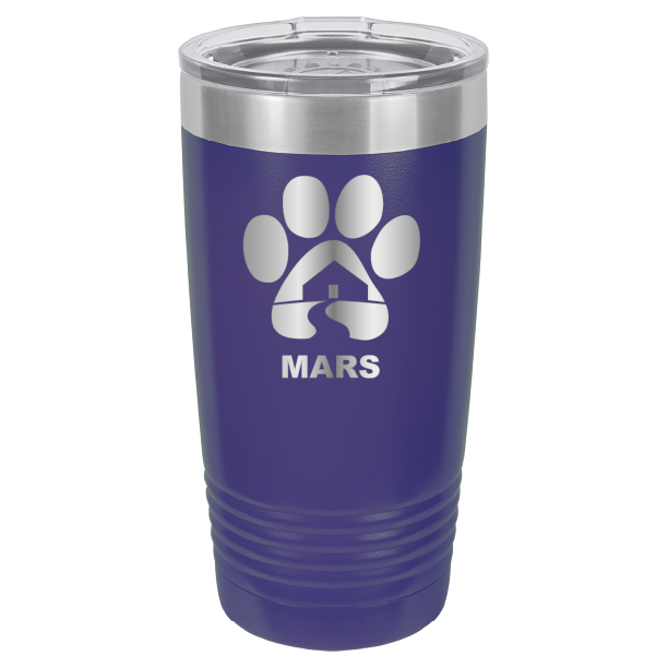 Purple 20 ounce laser engraved tumbler with the Midwest Animal Rescue & Services (MARS) logo.