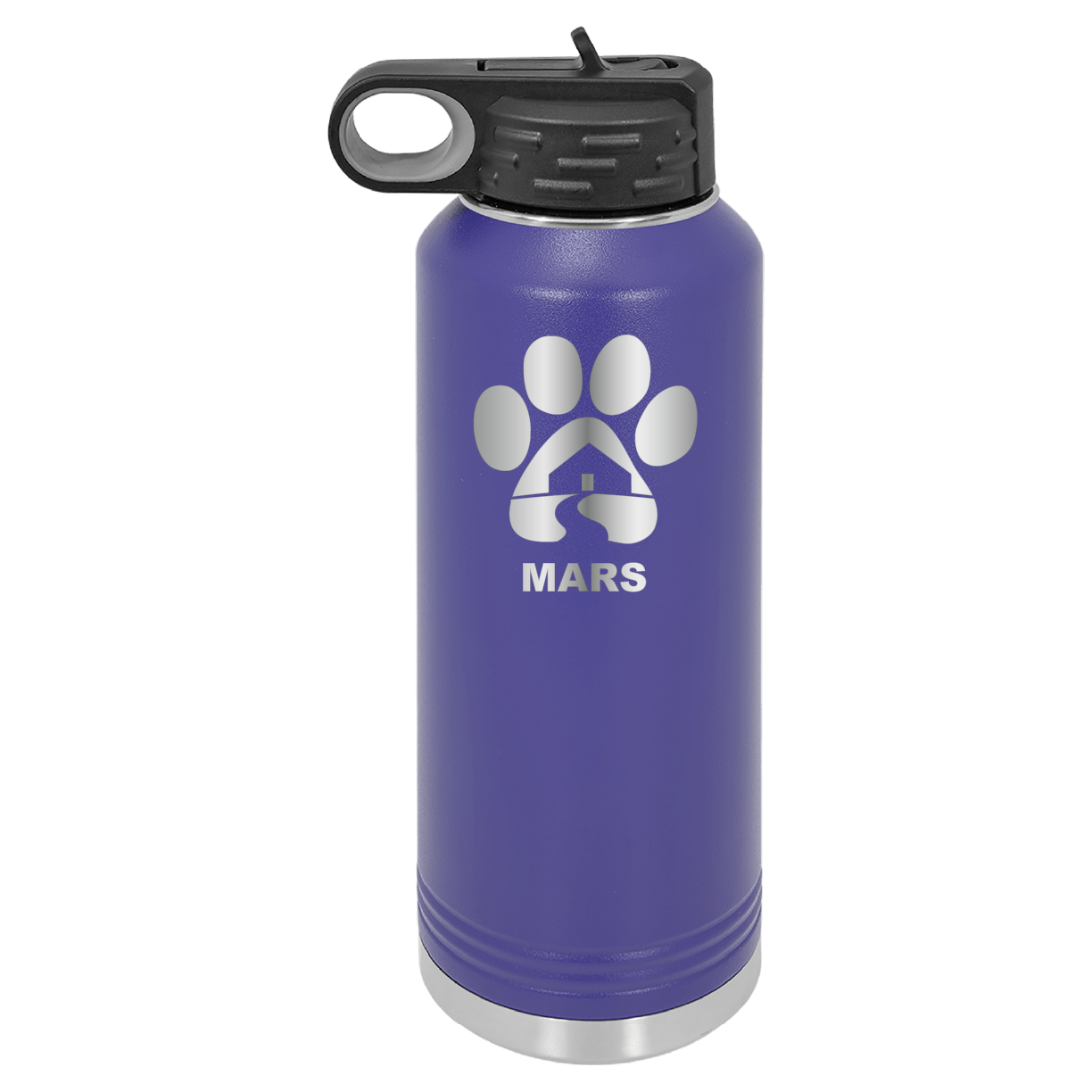 Purple 40 ounce laser engraved water bottle, featuring the with the Midwest Animal Rescue & Services (MARS) logo