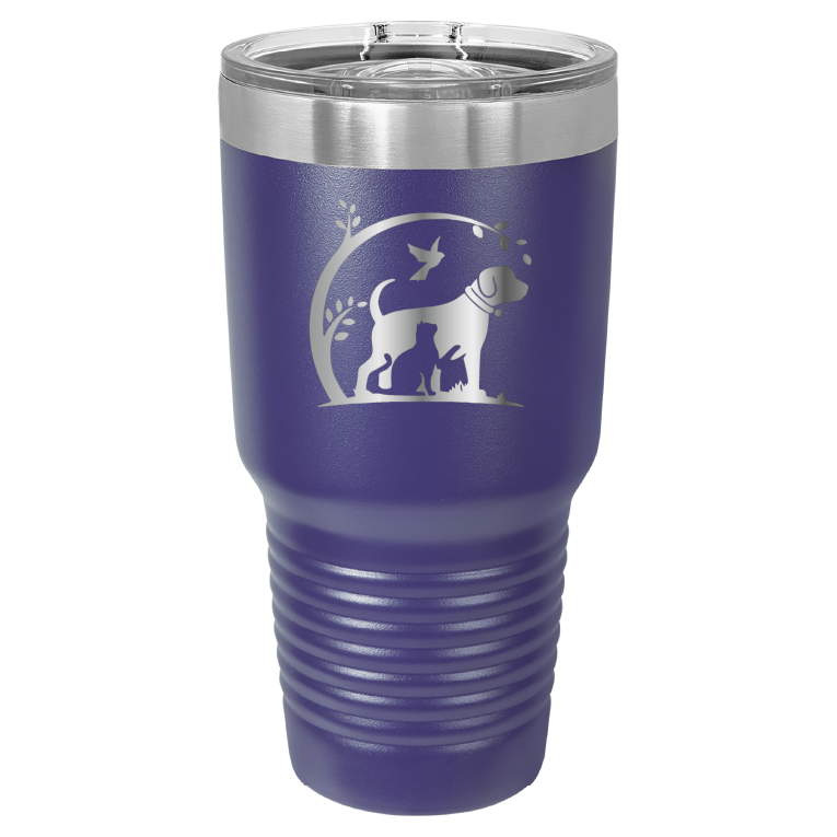 Purple 30 oz laser engraved tumbler featuring the No Critter Left Behind logo