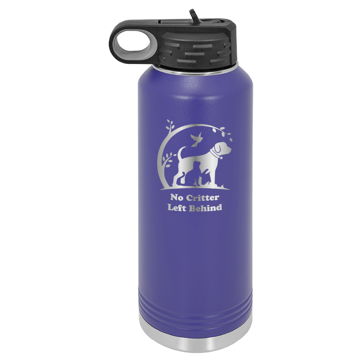 Purple laser engraved 40 oz water bottle featuring the No Critter Left Behind logo