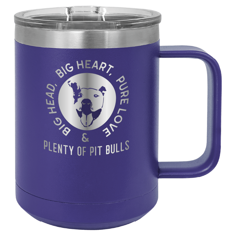 Purple 15 oz coffee cup laser engraved featuring the Plenty of Pit Bulls logo