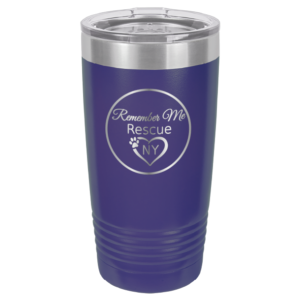 Purple laser engraved 20 tumbler featuring the logo of Remember Me Rescue NY