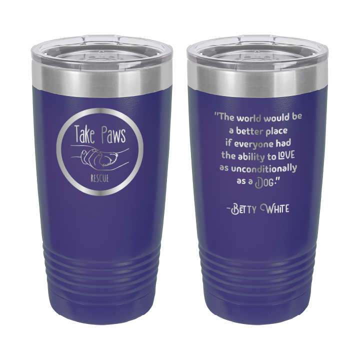 Purple 20 ounce tumbler laser engraved  tumbler featuring the Take Paws Rescue logo