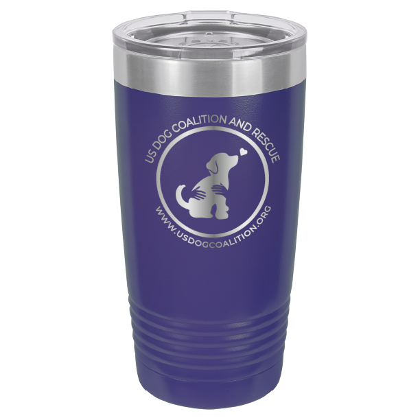 Purple 20 Oz Laser Engraved Tumbler featuring the US Dog Coalition logo.