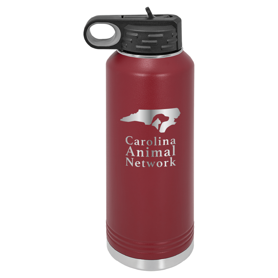 Maroon 40 oz water bottle laser engraved  tumbler featuring the Carolina Animal Network logo