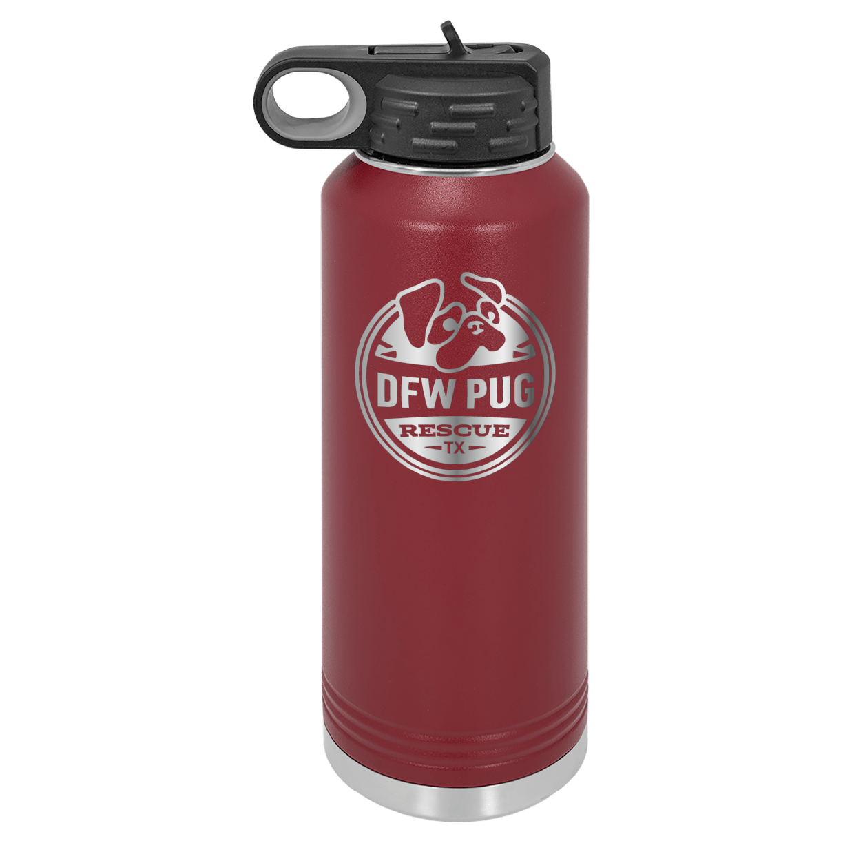 Maroon laser engraved 40 oz water bottle featuring the DFW Pug Rescue logo