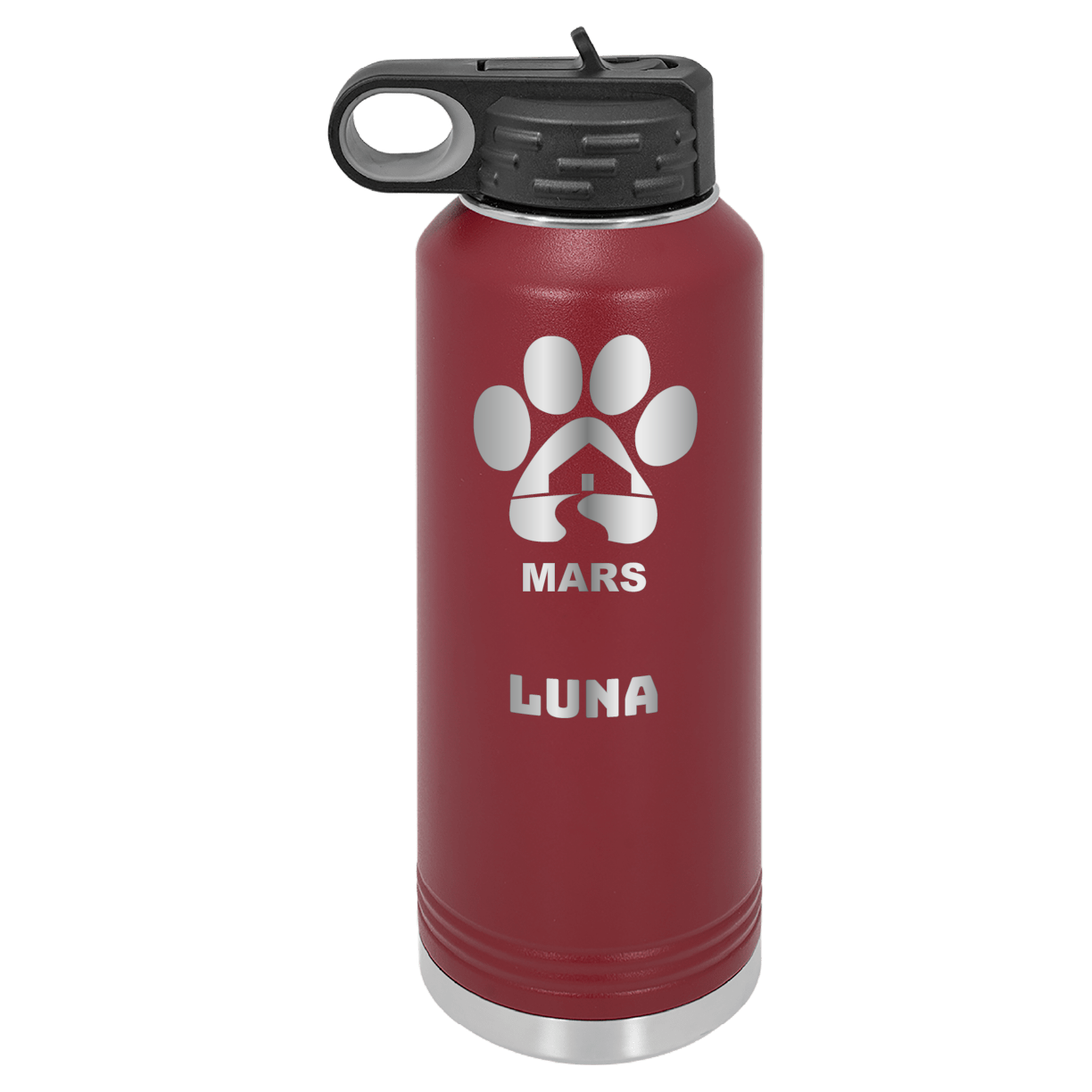 Maroon 40 ounce laser engraved water bottle, featuring the with the Midwest Animal Rescue & Services (MARS) logo and the name, "Luna"