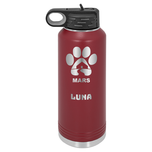 Maroon 40 ounce laser engraved water bottle, featuring the with the Midwest Animal Rescue & Services (MARS) logo and the name, "Luna"