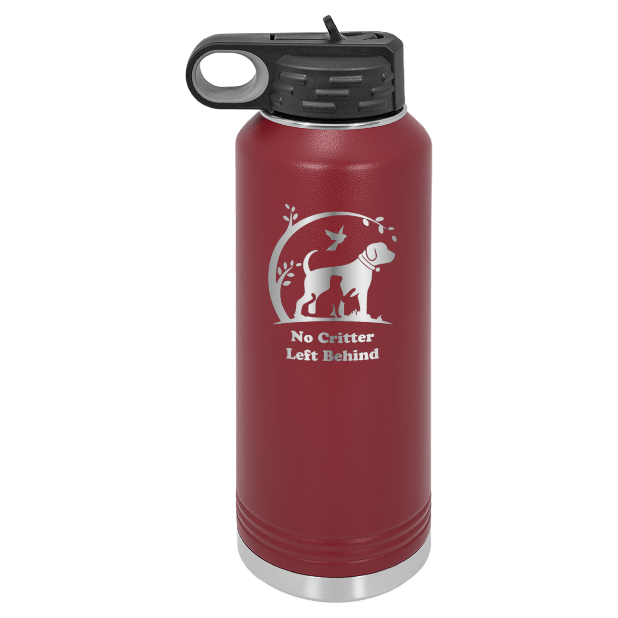 Maroon laser engraved 40 oz water bottle featuring the No Critter Left Behind logo