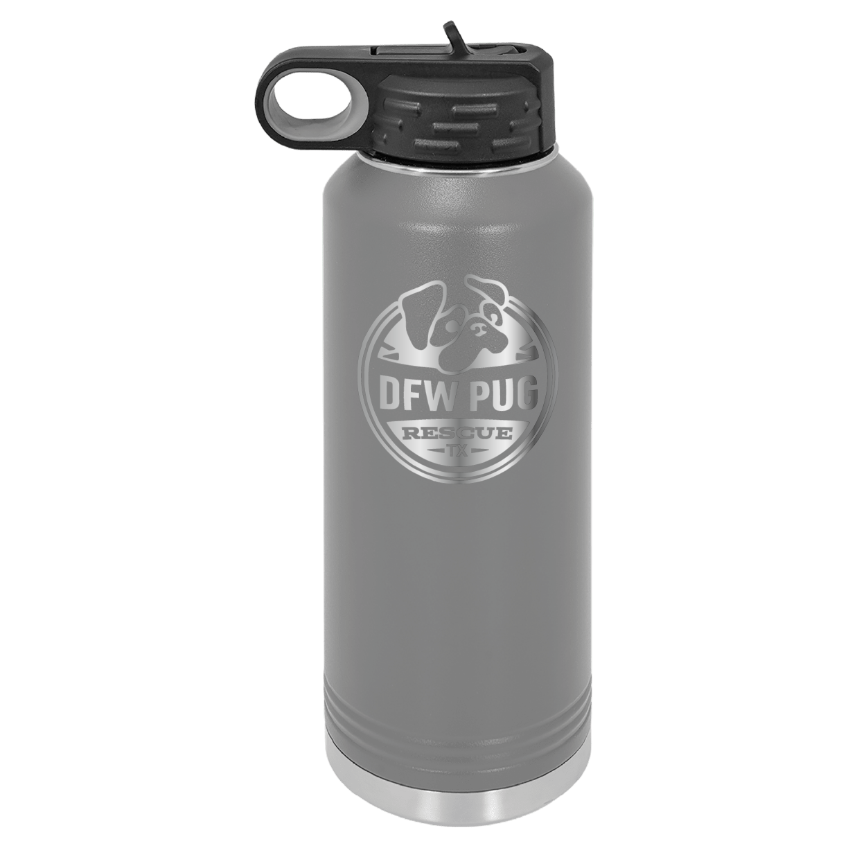 Dark gray laser engraved 40 oz water bottle featuring the DFW Pug Rescue logo