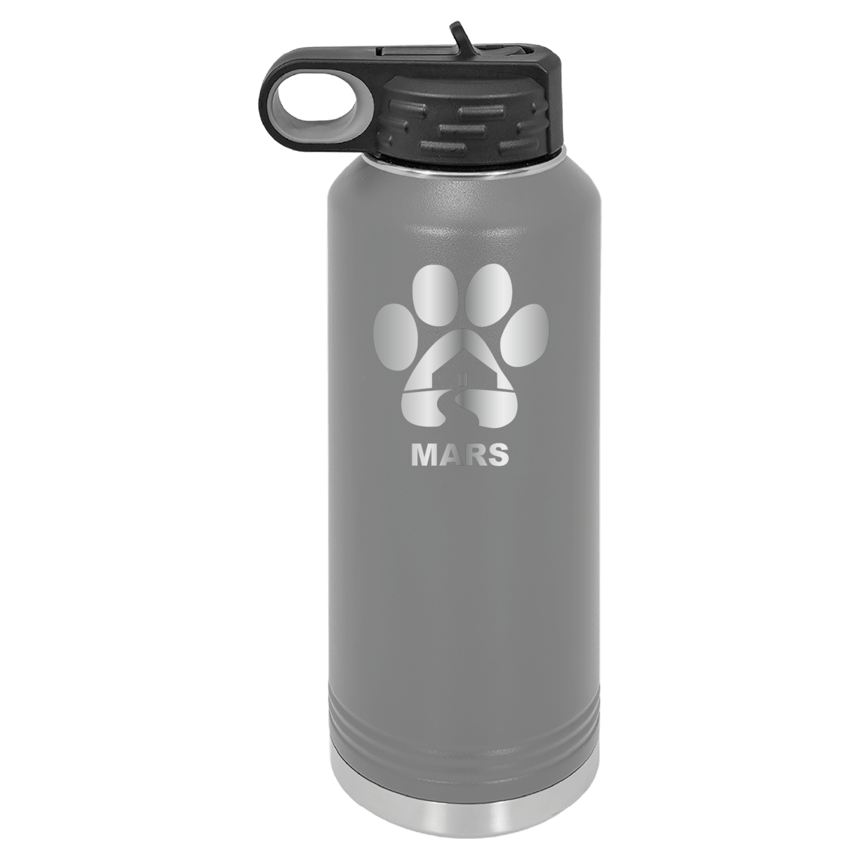 Dark gray 40 ounce laser engraved water bottle, featuring the with the Midwest Animal Rescue & Services (MARS) logo