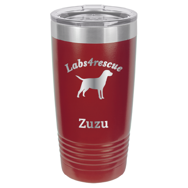 Maroon laser engraved 20 oz tumbler featuring the Labs4rescue logo and the name Zuzu.