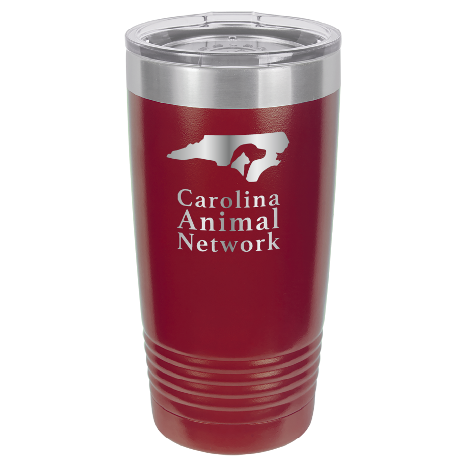 Maroon 20 ounce tumbler laser engraved  tumbler featuring the Carolina Animal Network logo