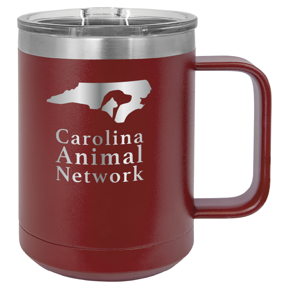Maroon 15 oz coffee cup laser engraved  tumbler featuring the Carolina Animal Network logo