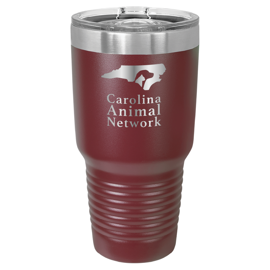 Maroon 30 oz tumbler laser engraved tumbler featuring the Carolina Animal Network logo