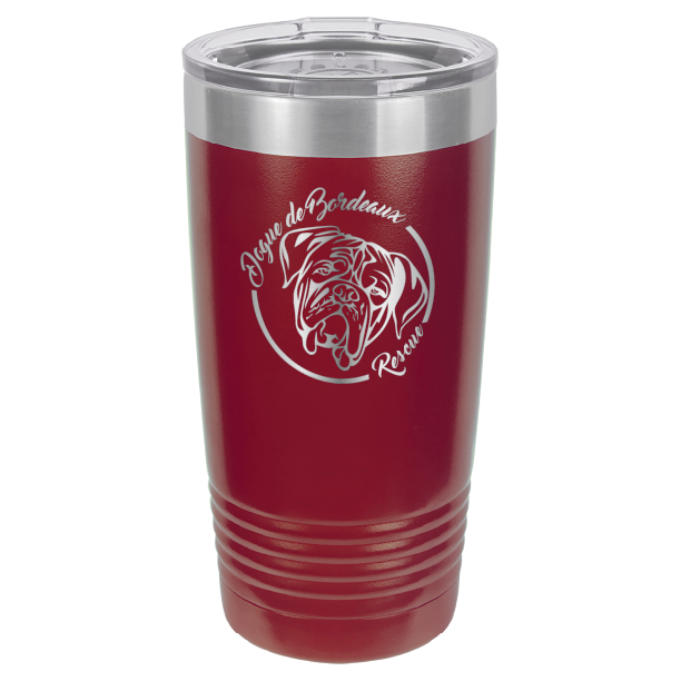Maroon 20 ounce laser engraved  tumbler featuring the Dogue de Bordeaux Rescue, Inc. logo