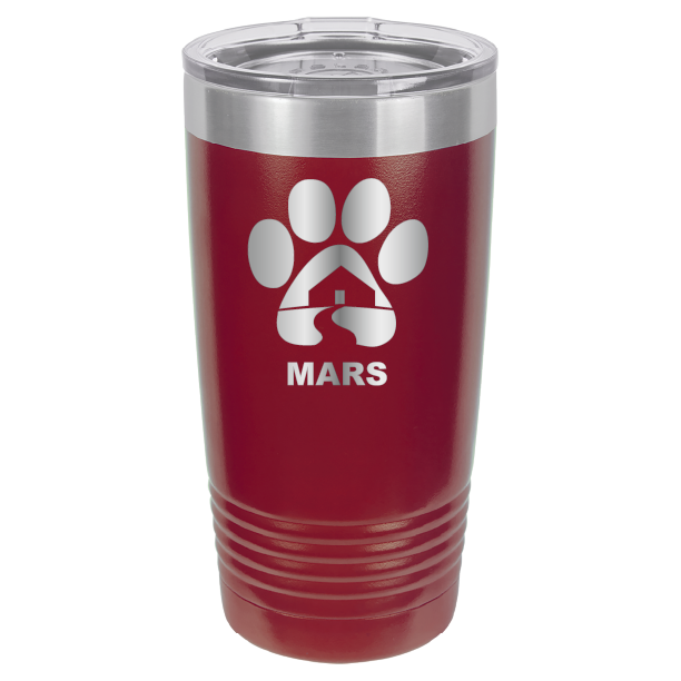 Maroon 20 ounce laser engraved tumbler with the Midwest Animal Rescue & Services (MARS) logo.