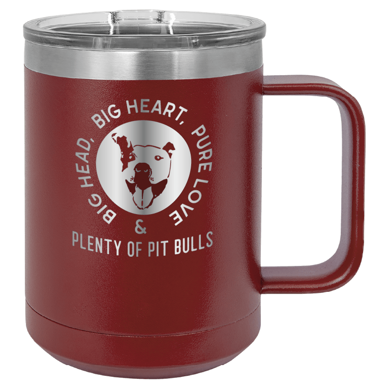 Maroon 15 oz coffee cup laser engraved featuring the Plenty of Pit Bulls logo