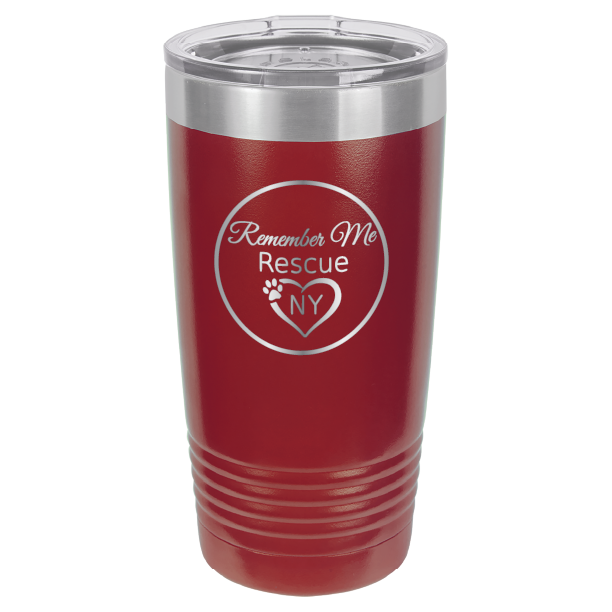 Maroon laser engraved 20 tumbler featuring the logo of Remember Me Rescue NY