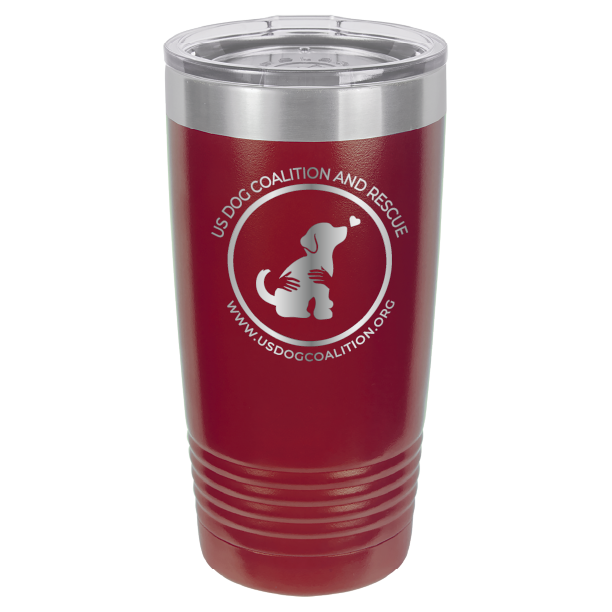Maroon 20 Oz Laser Engraved Tumbler featuring the US Dog Coalition logo.