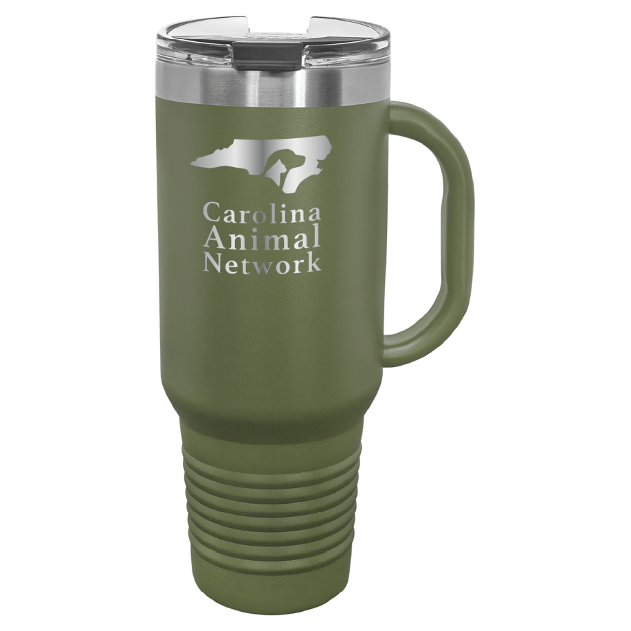Olive green 40 oz water bottle laser engraved tumbler featuring the Carolina Animal Network logo