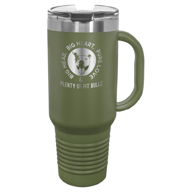 Olive Green 40 oz tumbler with handle laser engraved featuring the Plenty of Pit Bulls logo