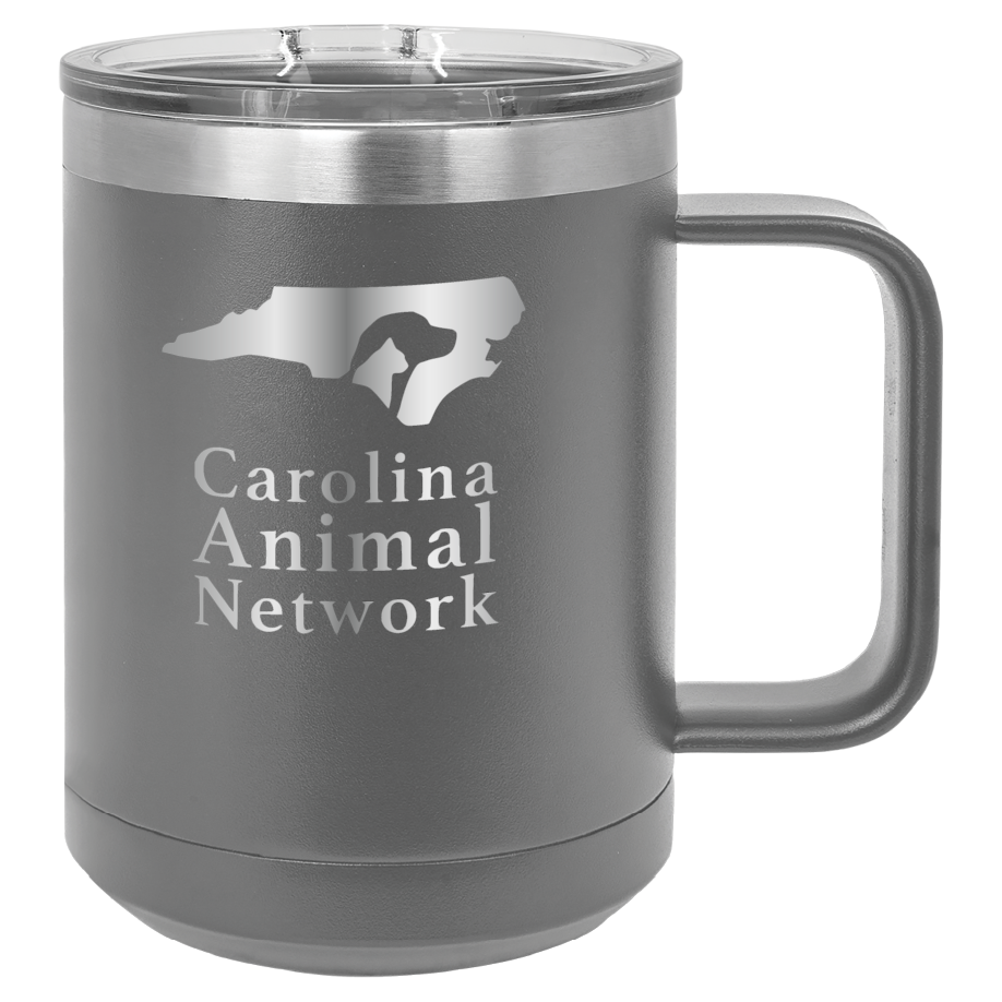 Dark gray 15 oz coffee cup laser engraved tumbler featuring the Carolina Animal Network logo