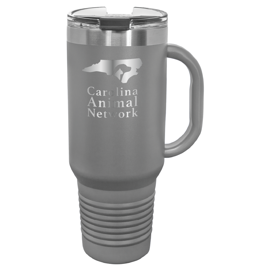 Dark gray 40 oz water bottle laser engraved  tumbler featuring the Carolina Animal Network logo
