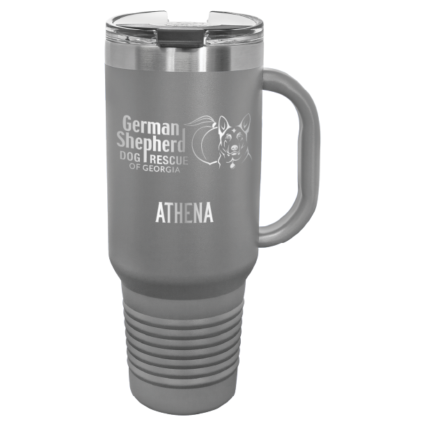 40 Oz travel tumbler, laser engraved with the logo of German Shepherd Dog Rescue of Georgia, in dark gray