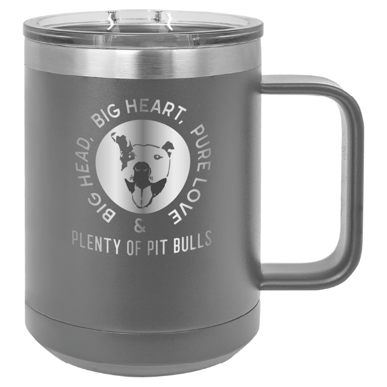 Dark gray 15 oz coffee cup laser engraved featuring the Plenty of Pit Bulls logo