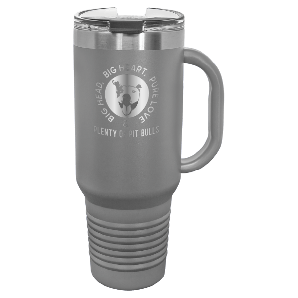 Dark Gray 40 oz tumbler with handle laser engraved featuring the Plenty of Pit Bulls logo
