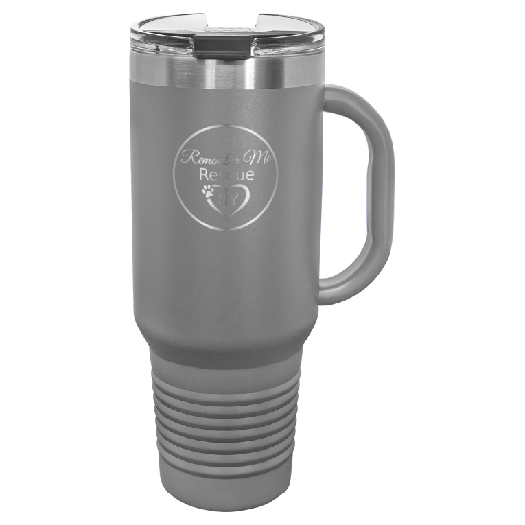 Dark Gray 40 oz laser engraved tumbler featuring the Remember Me Rescue NY logo.