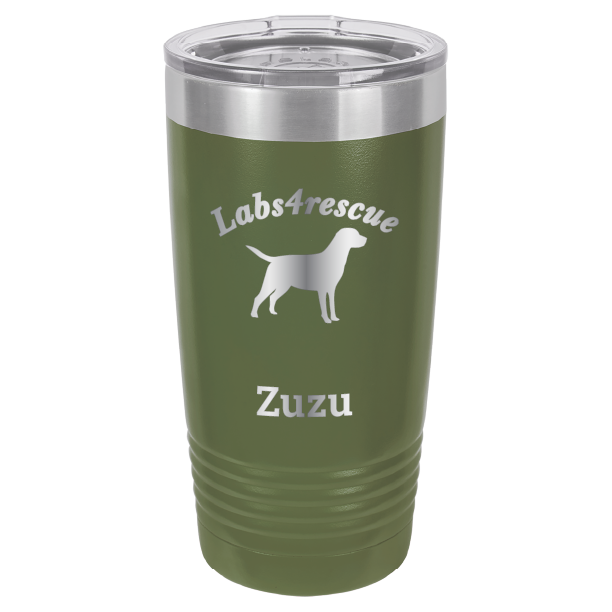 Olive Green laser engraved 20 oz tumbler featuring the Labs4rescue logo and the name Zuzu.