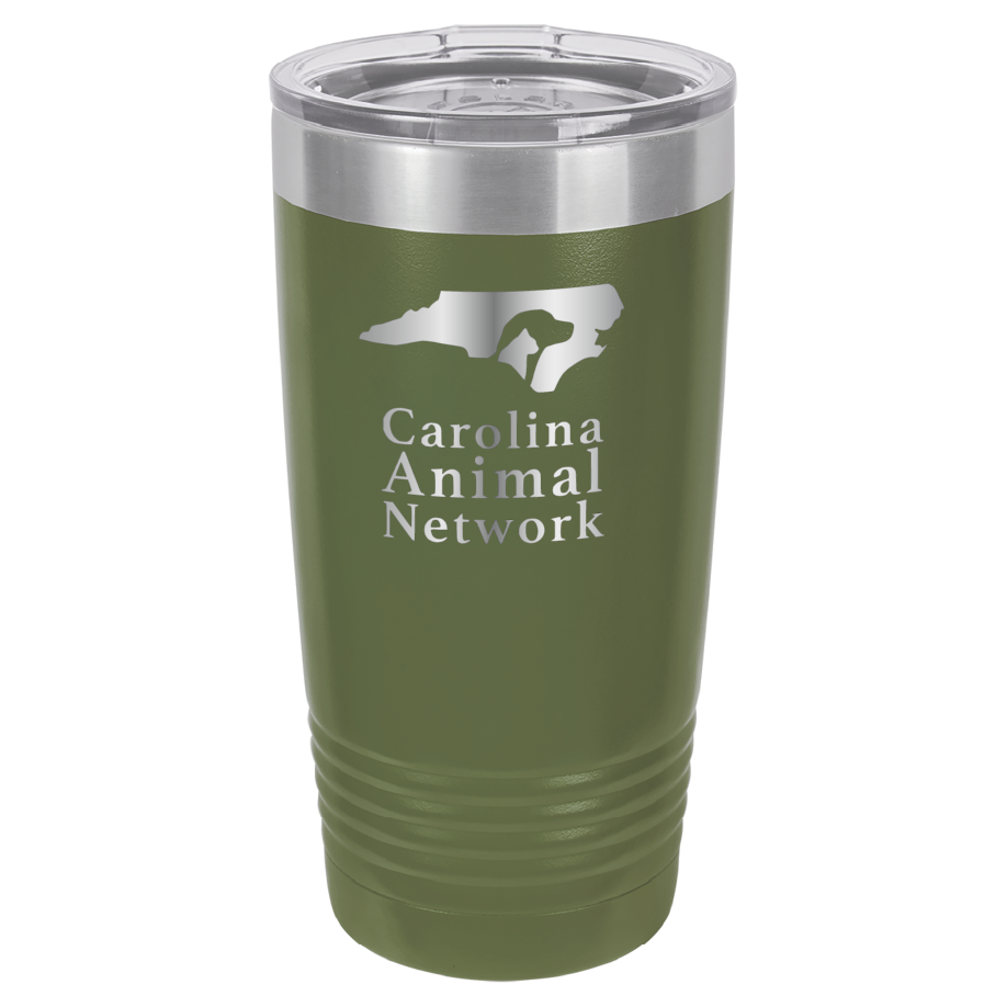 Olive green 20 ounce tumbler laser engraved tumbler featuring the Carolina Animal Network logo