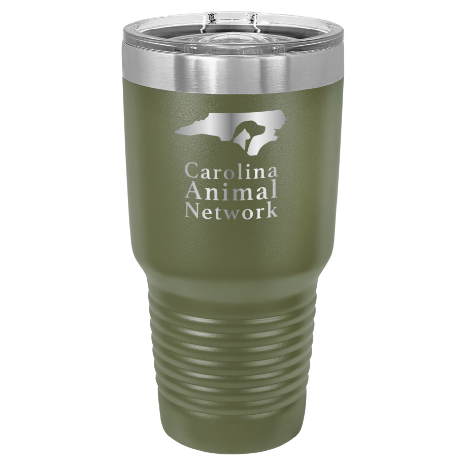 Olive Green 30 oz tumbler laser engraved  tumbler featuring the Carolina Animal Network logo