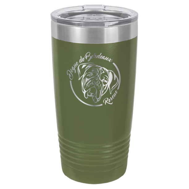 Olive Green 20 ounce laser engraved  tumbler featuring the Dogue de Bordeaux Rescue, Inc. logo