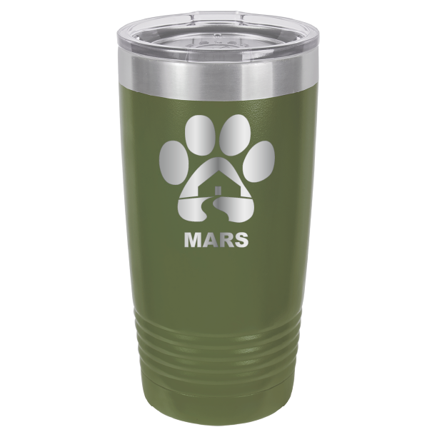 Olive Green 20 ounce laser engraved tumbler with the Midwest Animal Rescue & Services (MARS) logo.