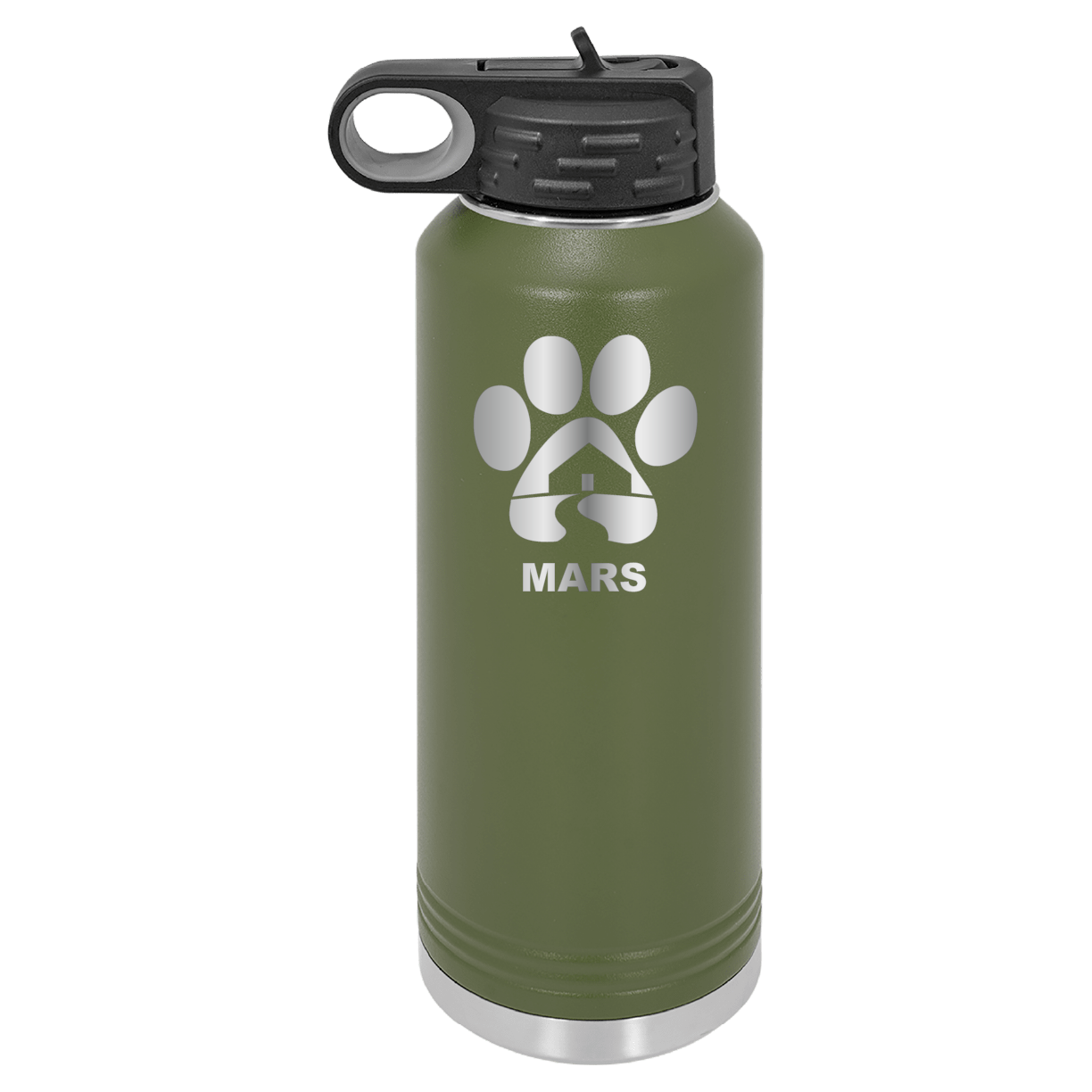 Olive green 40 ounce laser engraved water bottle, featuring the with the Midwest Animal Rescue & Services (MARS) logo