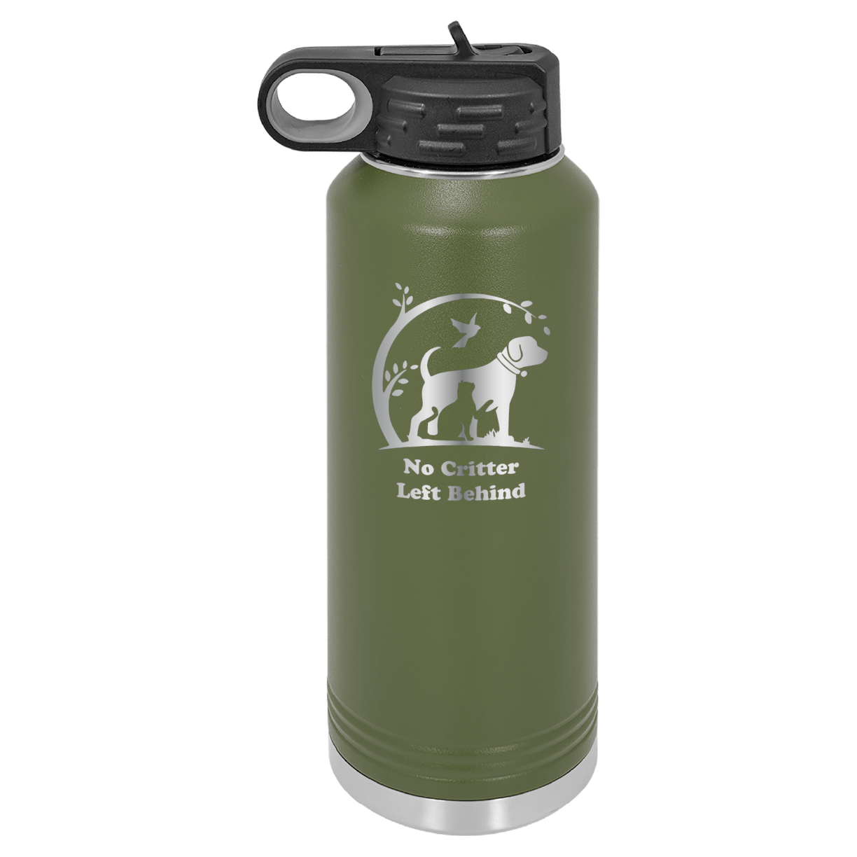 Olive Green laser engraved 40 oz water bottle featuring the No Critter Left Behind logo
