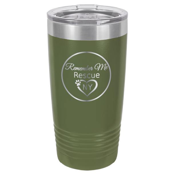 Olive Green laser engraved 20 tumbler featuring the logo of Remember Me Rescue NY