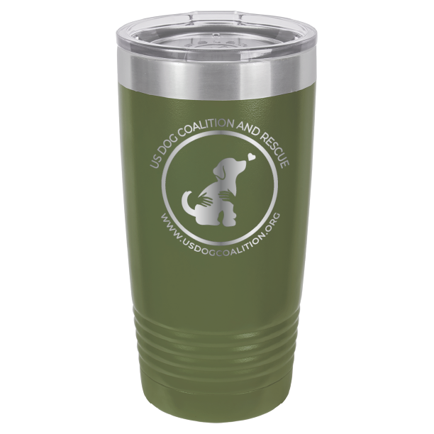 Olive Green 20 Oz Laser Engraved Tumbler featuring the US Dog Coalition logo.