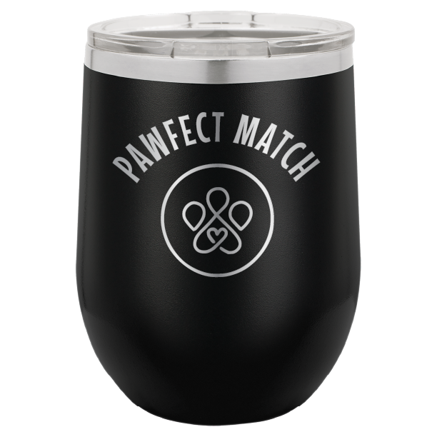 Black laser engraved wine tumbler featuring the Pawfect March logo