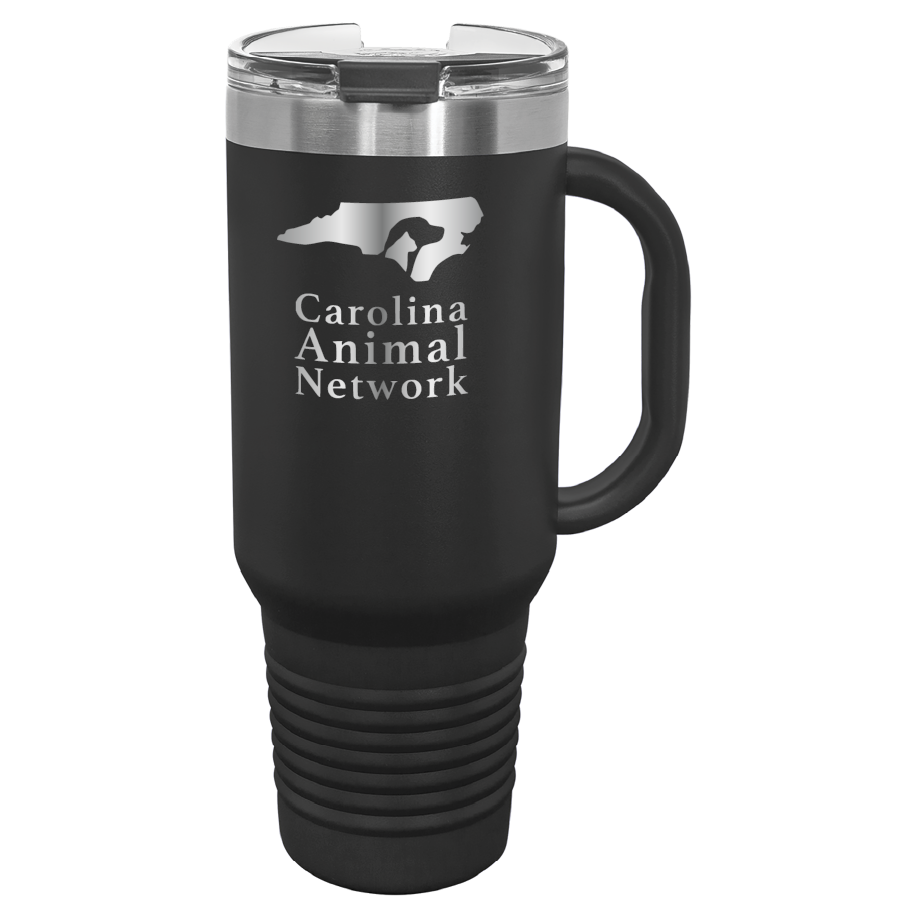 Black / stainless 40 oz water bottle laser engraved tumbler featuring the Carolina Animal Network logo