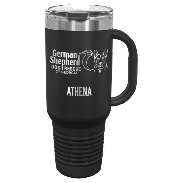 40 Oz travel tumbler, laser engraved with the logo of German Shepherd Dog Rescue of Georgia, in black