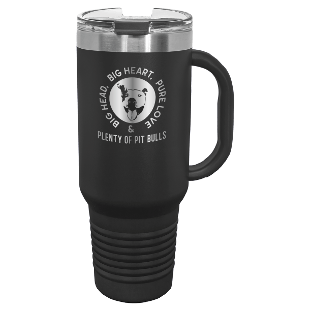 Black 40 oz tumbler with handle laser engraved featuring the Plenty of Pit Bulls logo